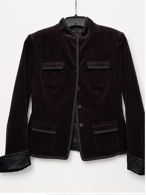 Tahari NWT Black Corduroy Military Jacket Ribbon Trim Mandarin Collar Small $398